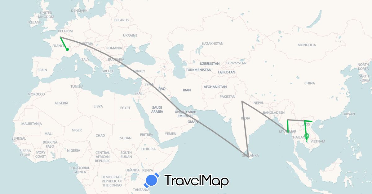 TravelMap itinerary: driving, bus, plane in France, India, Cambodia, Sri Lanka, Myanmar (Burma), Qatar, Vietnam (Asia, Europe)